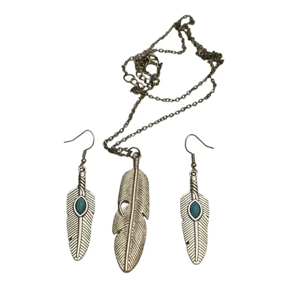 Women's Unbranded Jewelry Set Silver Feather Necklace & Earrings - Picture 3 of 4